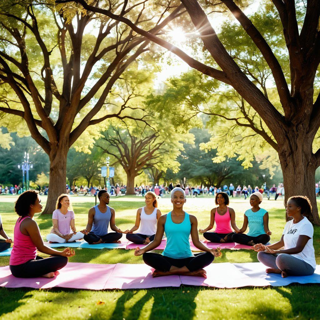 A warm and uplifting scene featuring a diverse group of people gathering in a bright, outdoor park, engaging in supportive activities like sharing stories and practicing yoga. In the background, vibrant banners promoting cancer awareness flutter playfully with symbols of hope like ribbons and hearts. Soft sunlight filters through the trees, creating a healing atmosphere, while a small table displays informational brochures. The overall mood is one of empowerment, community, and healing. super-realistic. vibrant colors. soft lighting.
