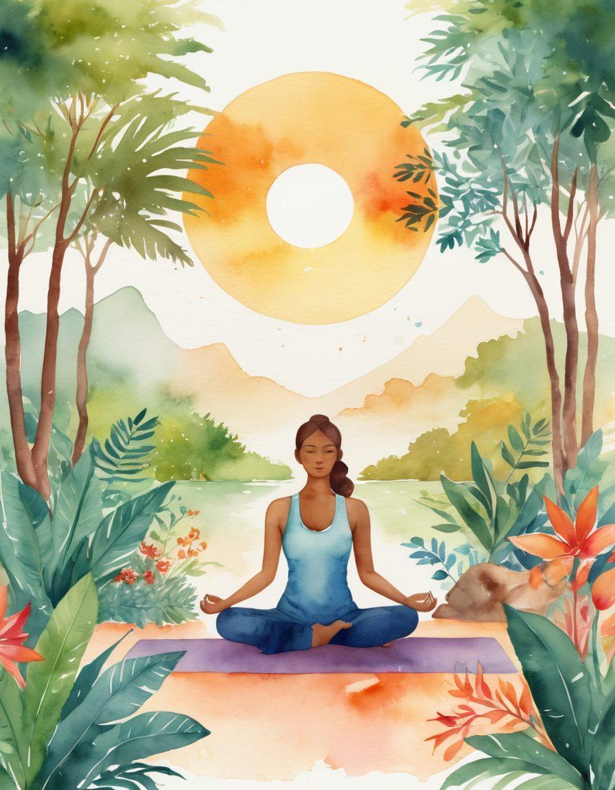 A serene landscape depicting a tranquil healing space with a diverse group of people engaging in holistic therapies like meditation and yoga. Incorporate vibrant plants and natural elements symbolizing nutrition, alongside symbols of community support like hands joined. The atmosphere should evoke feelings of warmth, hope, and connection. watercolor style. vibrant colors. soft lighting.