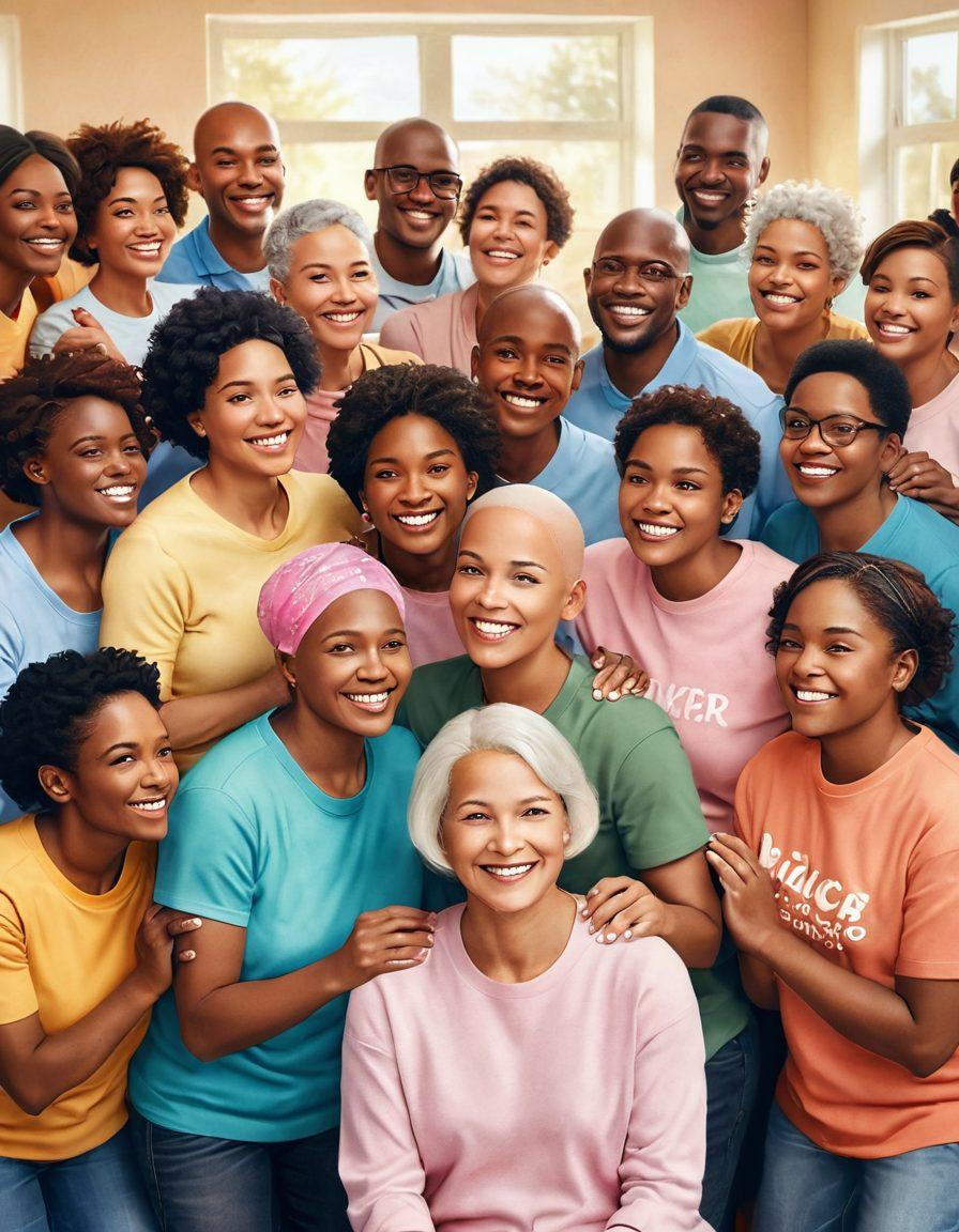 A warm, uplifting scene depicting diverse individuals, each representing different cancer fighters, embracing support and resources. Include elements like a cozy community center, motivational posters, and a supportive group cheering each other on. Soft, hopeful colors creating a sense of community and resilience. super-realistic. vibrant colors. warm background.